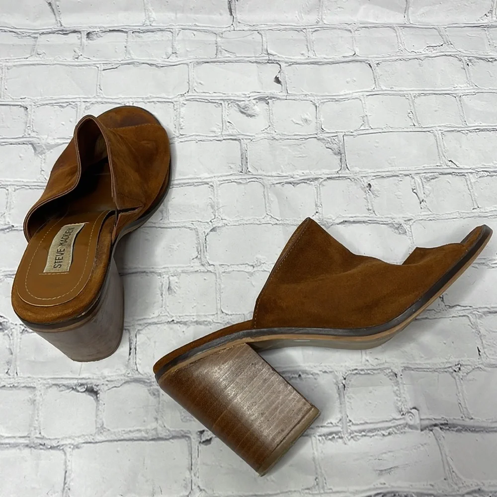 Steve Madden Krizia Size 9 Tan Suede Leather Chunky Heel Open Toe Mule Shoes - Picture 7 of 9